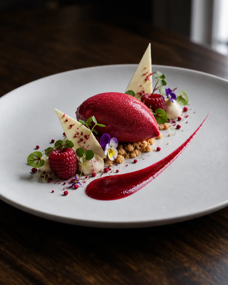Postre de frambuesa con salsa roja y flores comestibles sobre un plato claro