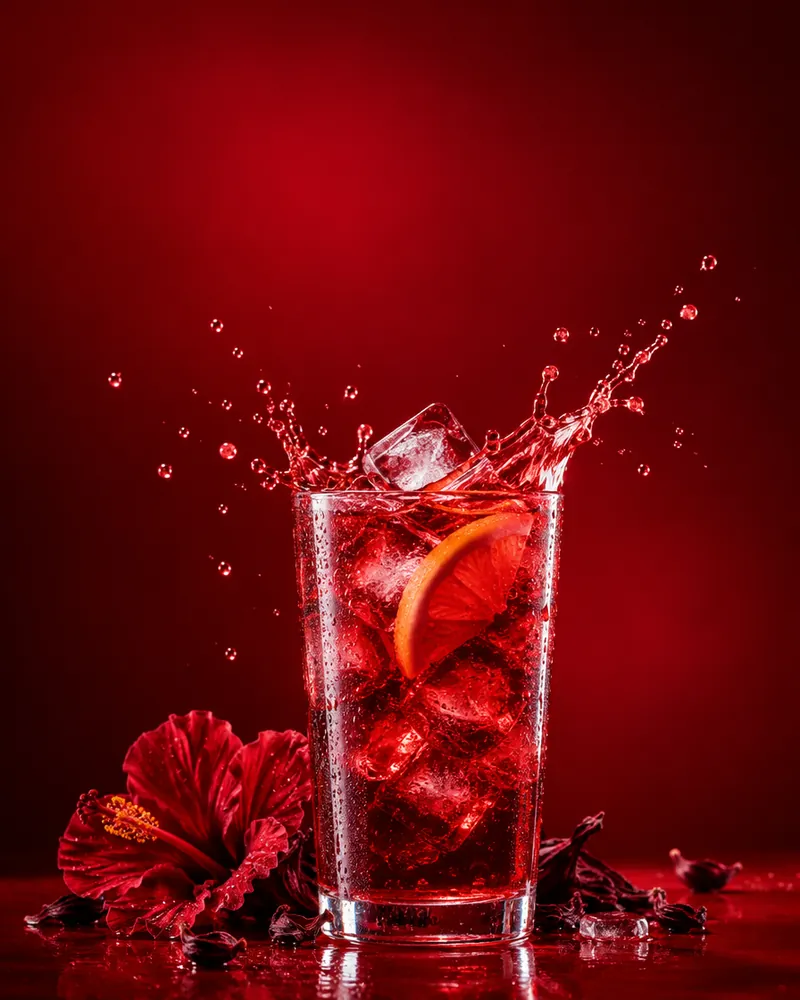 Vaso de bebida roja con hielo y salpicaduras sobre fondo rojo, con una flor de hibisco