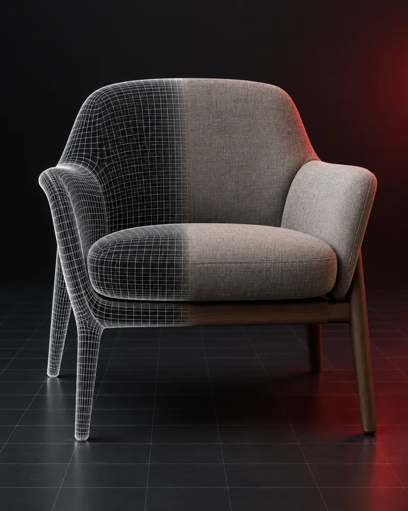 Sillón mostrado mitad en malla de render 3D y mitad con su textura final