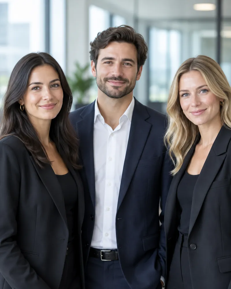 Tres profesionales sonriendo en una oficina luminosa