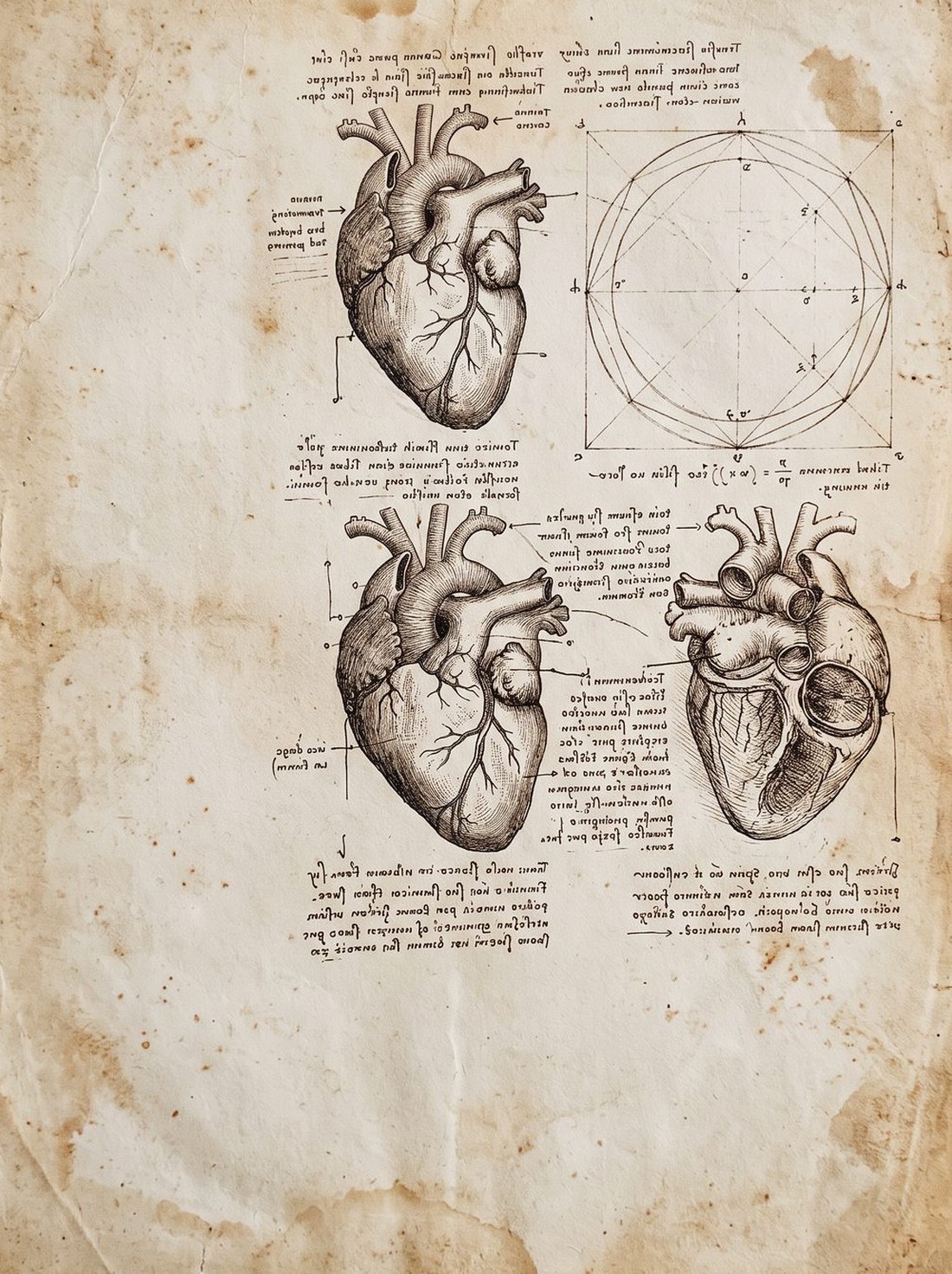 Lámina de estudio: tres vistas anatómicas de un corazón y una construcción geométrica de círculo inscrito en cuadrado, dibujadas a plumilla sobre pergamino.