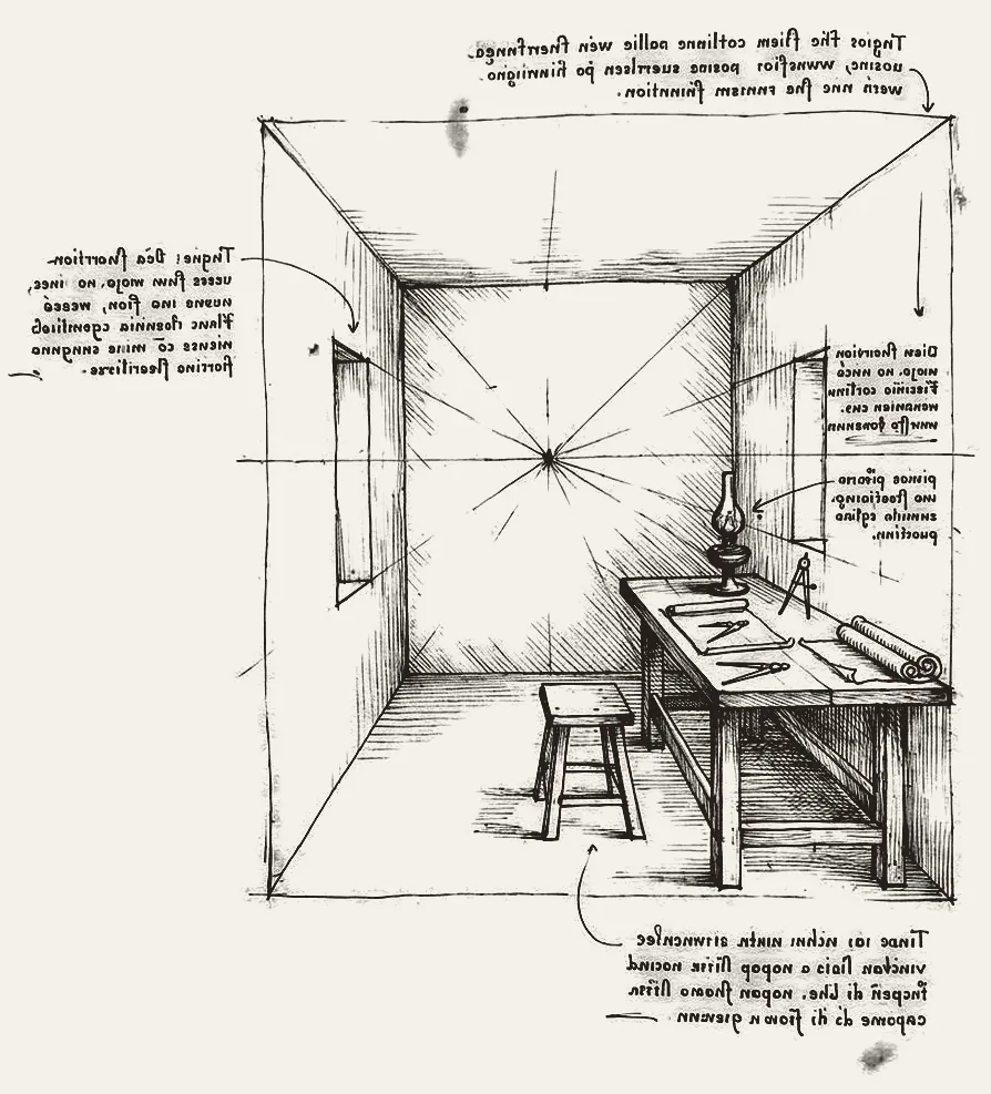 Lámina de estudio: la perspectiva de un taller pequeño con un banco, una lámpara de aceite, un compás y una sola silla.