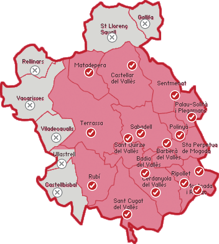 Mapa del Vallès Occidental con sus veintitrés municipios. Con visto: Matadepera, Castellar del Vallès, Sentmenat, Palau-solità i Plegamans, Terrassa, Sabadell, Polinyà, Santa Perpètua de Mogoda, Sant Quirze del Vallès, Barberà del Vallès, Badia del Vallès, Ripollet, Montcada i Reixac, Cerdanyola del Vallès, Rubí y Sant Cugat del Vallès. Con equis: Gallifa, Sant Llorenç Savall, Rellinars, Vacarisses, Viladecavalls, Ullastrell y Castellbisbal.